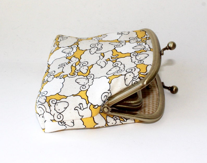 3 Compartment Coin Purse in Yellow with White Sheep and Dog Double Frame Purse