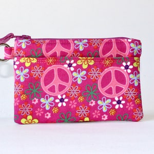 Estuche para documentos de identidad pequeño Estuche para documentos de identidad con cremallera Monedero pequeño con cremallera Bolso pequeño con cremallera Monedero con cremallera en rosa con símbolo de la paz y flores