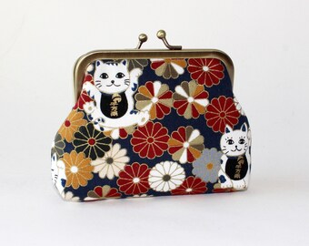 4 in. Medium Coin Purse. Kiss Lock Coin Purse. Change Purse. Coin Purse in Asian Print with Chinese Japanese Lucky Cat and Flowers