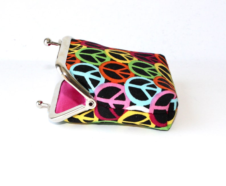 Small Coin Purse. Kiss Lock Coin Purse. Coin Pouch. Change Purse in Rainbow Colors with Peace Signs image 5