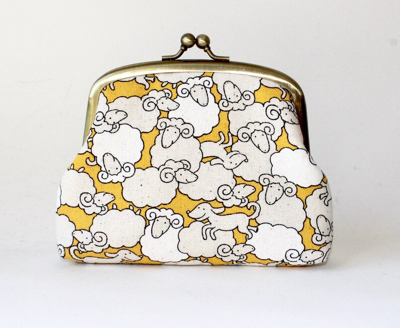 3 Compartment Coin Purse in Yellow with White Sheep and Dog Double Frame Purse