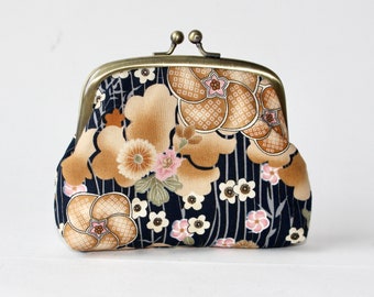 Double Frame Purse. 3 Compartment Coin Purse. Coin Pouch with 3 Sections in Navy Blue with Tan, Earth tones, Asian Flowers, Floral