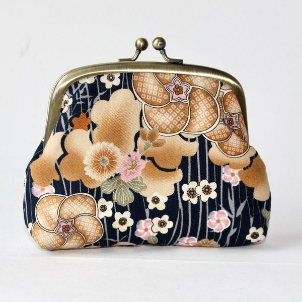 Double Frame Purse. 3 Compartment Coin Purse. Coin Pouch with 3 Sections in Navy Blue with Tan, Earth tones, Asian Flowers, Floral