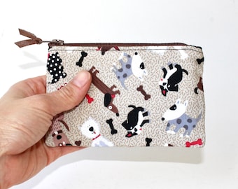 Little Zipper Pouch. Small Zipper Coin Purse. Small Zipper Bag in Tan Cotton with Various Dogs