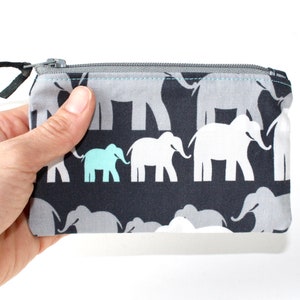 Elephant Print Zipper Pouch: Gray, White & Green Cotton Coin Purse