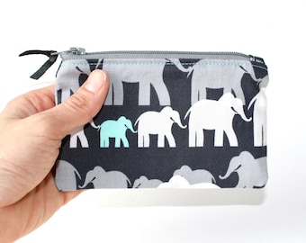 Little Zipper Pouch. Small Zipper Coin Purse. Small Zipper Bag in Gray, White and Green with Elephants
