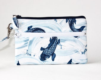 7" Double Zipper Wristlet. 2 Zipper Wristlet. Double Zip Pouch with Strap. Double Zipper Pouch in White and Blue with Japanese Koi Fish