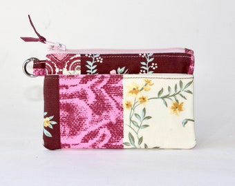 Little ID Pouch. ID Zipper Pouch. Small Zipper Coin Purse. Small Zipper Bag. Zipper Coin Pouch in Pink and White Patchwork Flowers