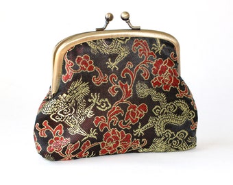 Double Frame Purse. 3 Compartment Coin Purse. Coin Purse with 3 Sections in Dark Burgundy with Gold Dragons and Red Flowers