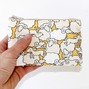 Little Zipper Pouch. Small Zipper Coin Purse. Small Zipper Bag in Yellow and White with Sheep and Dogs