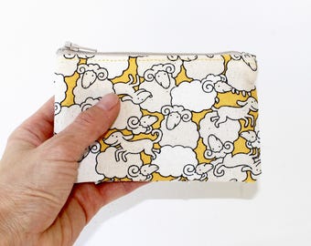 Little Zipper Pouch. Small Zipper Coin Purse. Small Zipper Bag in Yellow and White with Sheep and Dogs