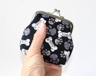 Small Coin Purse. Kiss Lock Coin Purse. Coin Pouch. Change Purse in Black with White Dog Bones and Paws