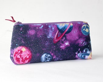Pencil Case. Small Make-up Bag. Pencil Holder. Zipper Pouch. Zipper Pen Case. Triangle Zip Pouch in Purple with Space, Planets, Stars