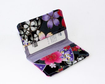 Business Card Holder. Credit Card Holder. Transit Card Holder. Bus Pass Holder. ID Card Holder - Black wth Pink and Purple Asian Flowers