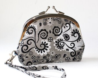 Double Frame Wristlet. Double Frame Purse. 3 Compartment Coin Purse in Gray with Black and Silver Swirls