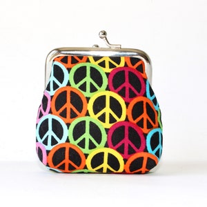 Small Coin Purse. Kiss Lock Coin Purse. Coin Pouch. Change Purse in Rainbow Colors with Peace Signs image 4