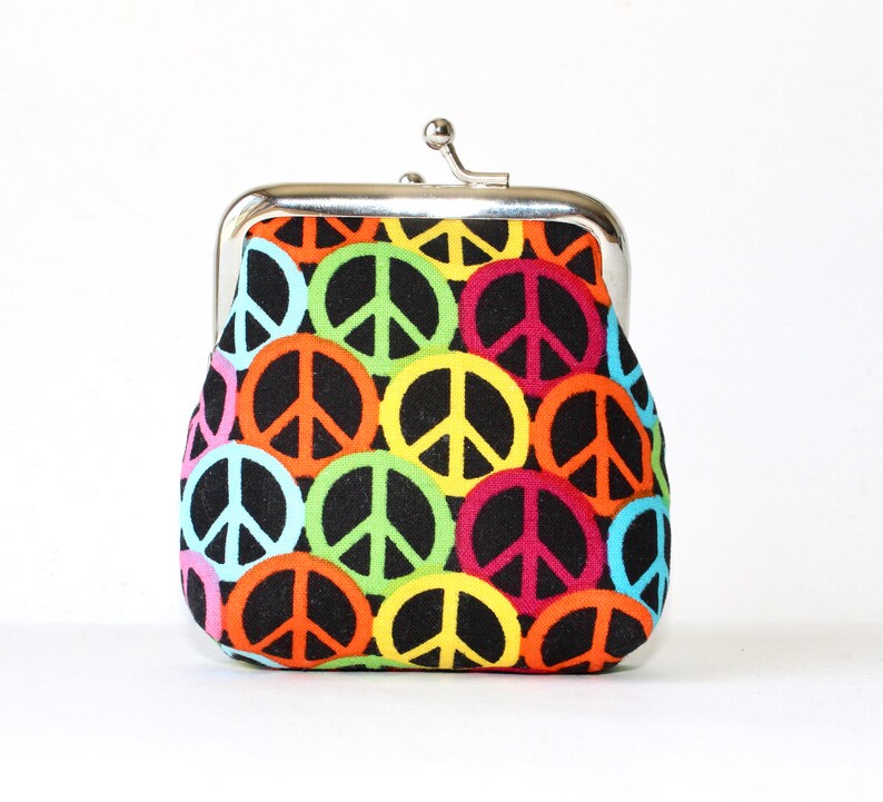 Small Coin Purse. Kiss Lock Coin Purse. Coin Pouch. Change Purse in Rainbow Colors with Peace Signs image 4