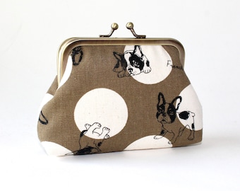 4 in. Medium Coin Purse. Kiss Lock Coin Purse. Change Purse. Dog Coin Pouch in Khaki Green with French Bulldogs