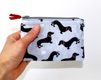 Little Zipper Pouch. Small Zipper Coin Purse. Small Zipper Bag in Gray with Black Doxies, Dachshunds, Wiener Dogs, Weenies, Hot Dogs