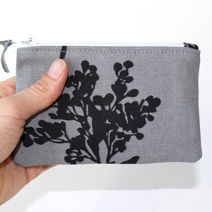 Little Zipper Pouch. Small Zipper Coin Purse. Small Zipper Bag in Gray with Black and White Branch and Blossoms