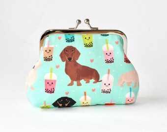 4 in. Medium Coin Purse. Kiss Lock Coin Purse. Change Purse. Coin Purse in Mint Green with Dachshunds, Doxies and Boba Tea, Bubble Tea