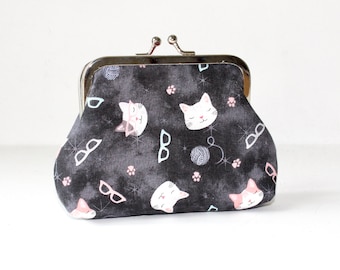 4 in. Medium Coin Purse. Kiss Lock Coin Purse. Change Purse. Coin Purse in Gray with Cats Wearing Glasses