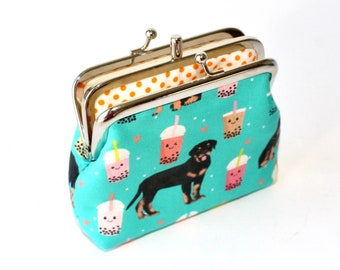 2 Compartment Coin Purse. Two Compartment Coin Purse. Double Frame Coin Purse in Mint Green with Rottweilers and Bubble Tea