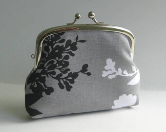 Double Frame Purse. 3 Compartment Coin Purse in Gray with Black and White Branch Blossoms