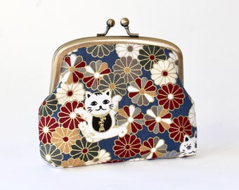 Double Frame Purse. 3 Compartment Coin Purse. Coin Pouch with 3 Sections with Lucky Cats, Asian Flowers, Japanese Fabric