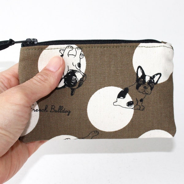 Little Zipper Pouch. Small Zipper Coin Purse. Small Zipper Bag in Dark Khaki Green and French Bulldogs