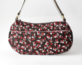 Floral Shoulder Bag: Brown Cotton Purse with Red & White Flowers