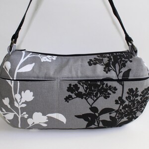 Medium Shoulder Bag, Purse, Everyday Bag, Shoulder Purse in Gray with Black and White Branch Blossoms