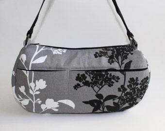 Medium Shoulder Bag, Purse, Everyday Bag, Shoulder Purse in Gray with Black and White Branch Blossoms