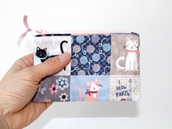 Little Zipper Pouch. Small Zipper Coin Purse. Small Zipper Bag. Small  Zipper Pouch With Cats in Patchwork Squares 