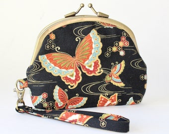 Double Frame Wristlet. Double Frame Purse. 3 Compartment Coin Purse in Black with Orange, Blue, and Gold Butterflies