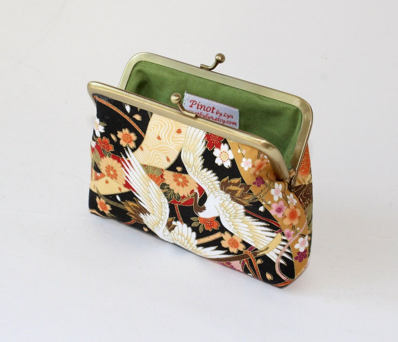 Medium Coin Purse. Kiss Lock Coin Purse. Change Purse. Japanese Cranes Birds in Black with Gold, Orange, and Red image 3