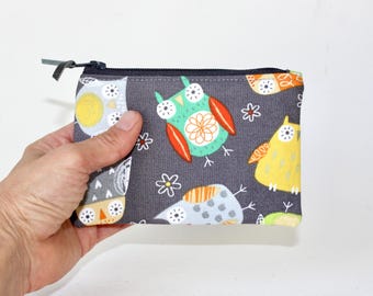Owl Print Zipper Pouch: Small Cotton Coin Purse