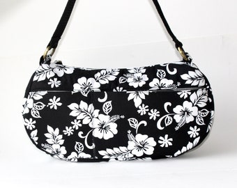 Medium Shoulder Bag, Fabric Purse, Everyday Bag, Shoulder Purse, Black Shoulder Bag with Black and White Hibiscus Flowers