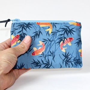Little Zipper Pouch. Small Zipper Coin Purse. Small Zipper Bag in Blue with Orange Japanese Koi Fish, Asian Fish
