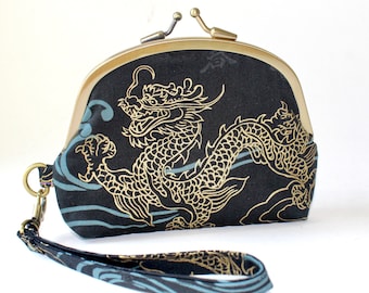 Dragon Double Frame Wristlet: Black & Gold Coin Purse