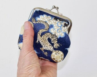 Small Coin Purse. Kiss Lock Coin Purse. Coin Pouch. Change Purse in Navy Blue with Asian Gold Dragons, Japanese Print