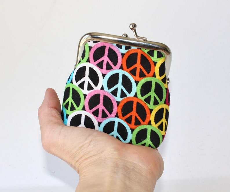 Small Coin Purse. Kiss Lock Coin Purse. Coin Pouch. Change Purse in Rainbow Colors with Peace Signs image 6