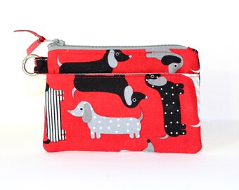 Little ID Pouch. ID Zipper Pouch. Small Zipper Coin Purse. Small Zipper Bag. Zipper Coin Pouch in Red with Dachshunds Doxies