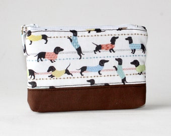 Dachshund Zipper Pouch: Cotton Coin Purse with Brown Canvas Bottom