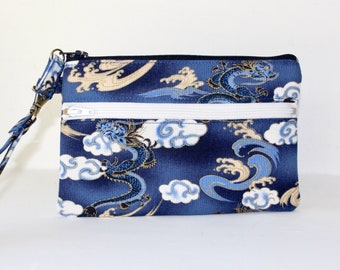 7" Double Zipper Wristlet. 2 Zipper Wristlet. Double Zip Pouch with Strap. Double Zipper Pouch in Blue with Dragons