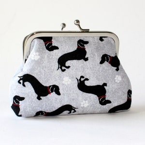 4 in. Medium Coin Purse. Kiss Lock Coin Purse. Change Purse. Coin Purse in Gray with Black Dachshunds, Doxies, Wiener Dogs, Hot Dogs