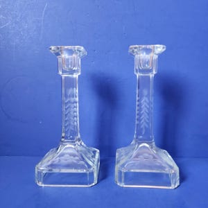 Vintage Square Glass Floral Print Candlestick Holders 7.5&quot; Tall Etched Set Of 2