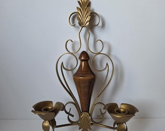 Vtg Hollywood Regency Wood Metal Double Gold Floral Candle Holder Kinkiet Ścienny