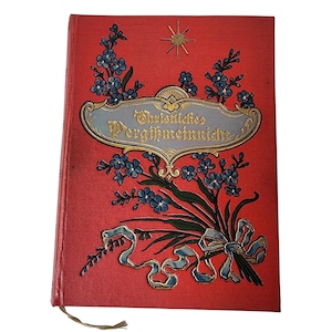 Op de afbeelding: Een rood hardcover boek met de in goud gedrukte titel Christliches Vergissmeinnicht. De kaft is versierd met blauwe vergeet-mij-nietjes, groene stengels en een lichtblauw lint, bekroond met een klein gouden ster-symbool.