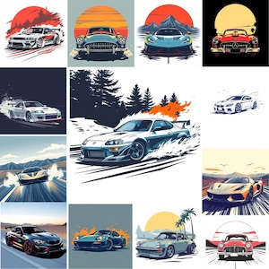 Pacote de Design de Camisetas com 50 Carros | Imagens e Gráficos para Amantes de Carros - Designs de Camisetas de Carros da Moda | Design de Carros, Design Gráfico de Carros